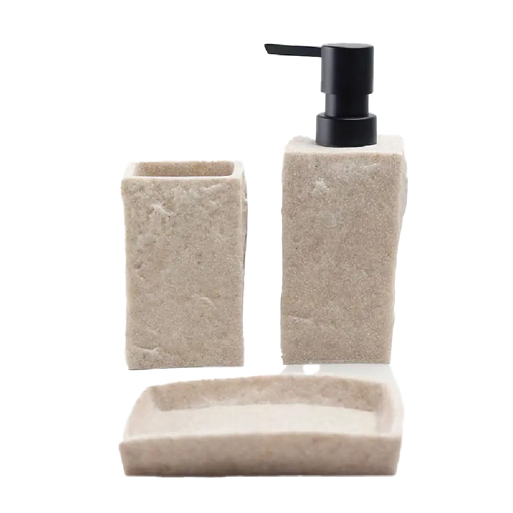 Aminsuk 3-Piece Beige Stone Bathroom Set with Dispenser, Toothbrush Holder & Soap Dish